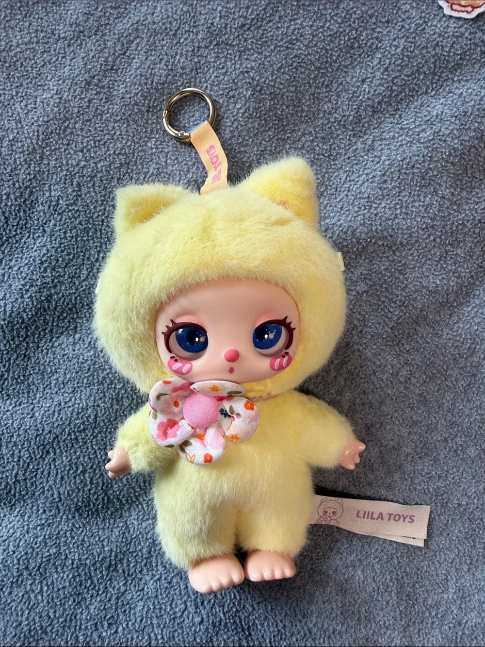Liila’s Lucky Cat - Yellow Plush Cat Keychain Doll with Floral Bow